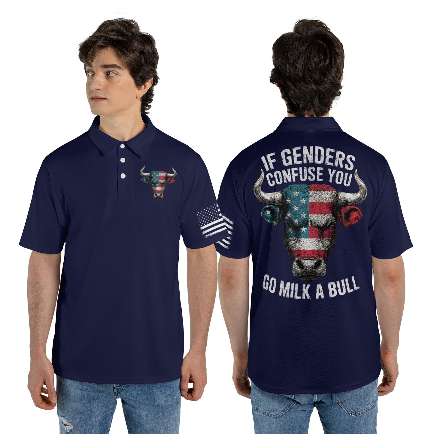 If Genders Confuse You Go Milk A Bull Navy Men's Polo Moisture Wicking Short Sleeve Golf Shirt