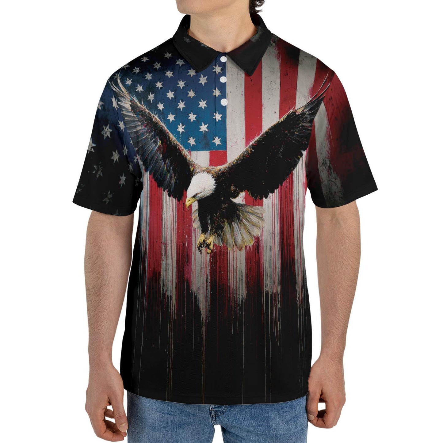 American Flag Eagle Polo Shirt for Men Bold Patriotic USA Freedom Moisture Wicking Short Sleeve Golf Top