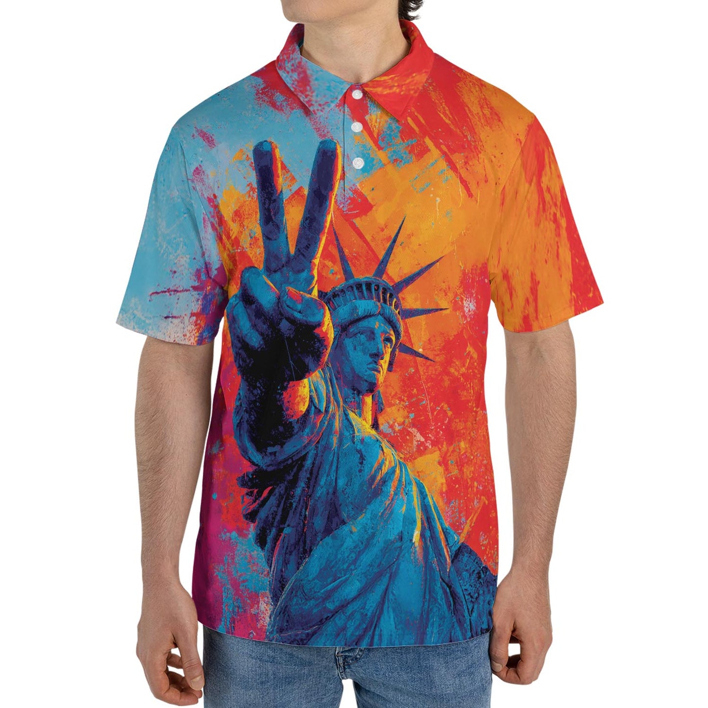 Statue of Liberty Patriotic Polo Shirt for Men Vibrant Peace Sign Moisture Wicking Short Sleeve Golf Top