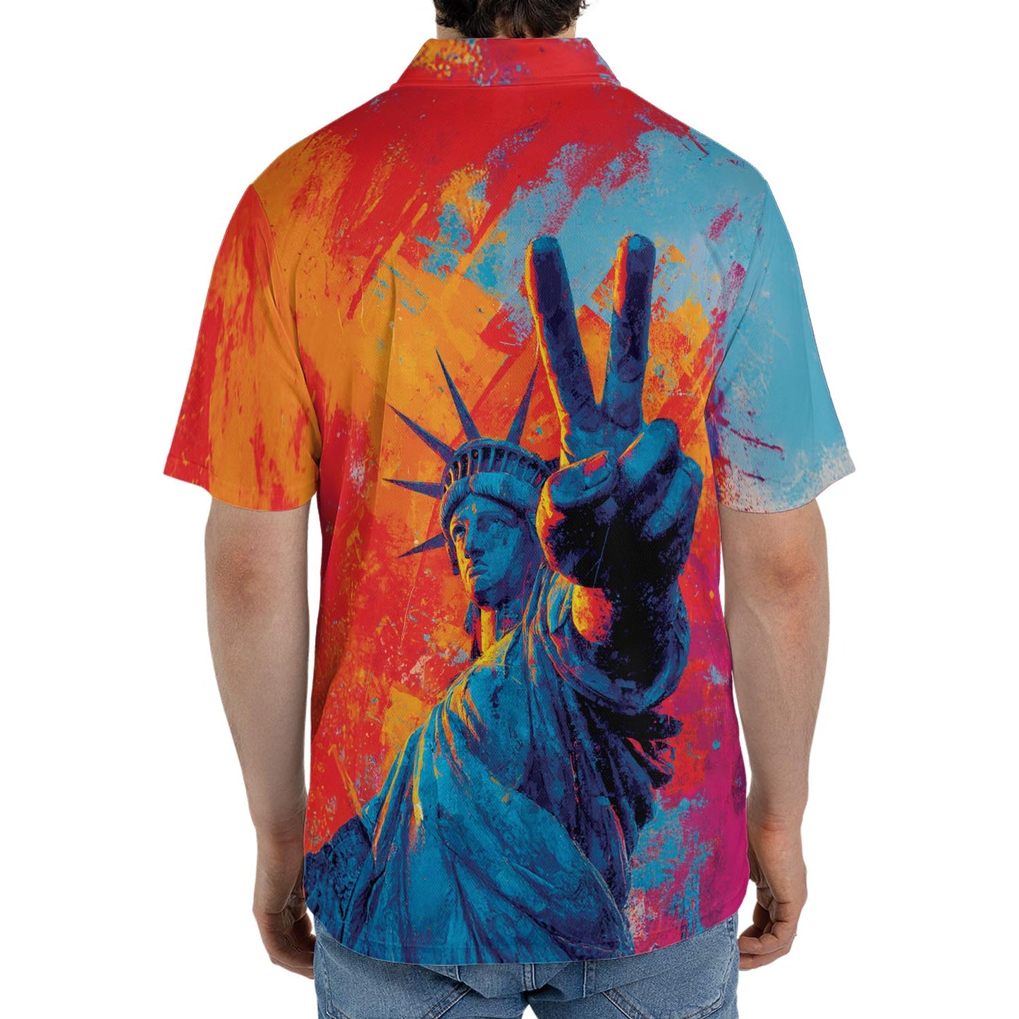 Statue of Liberty Patriotic Polo Shirt for Men Vibrant Peace Sign Moisture Wicking Short Sleeve Golf Top