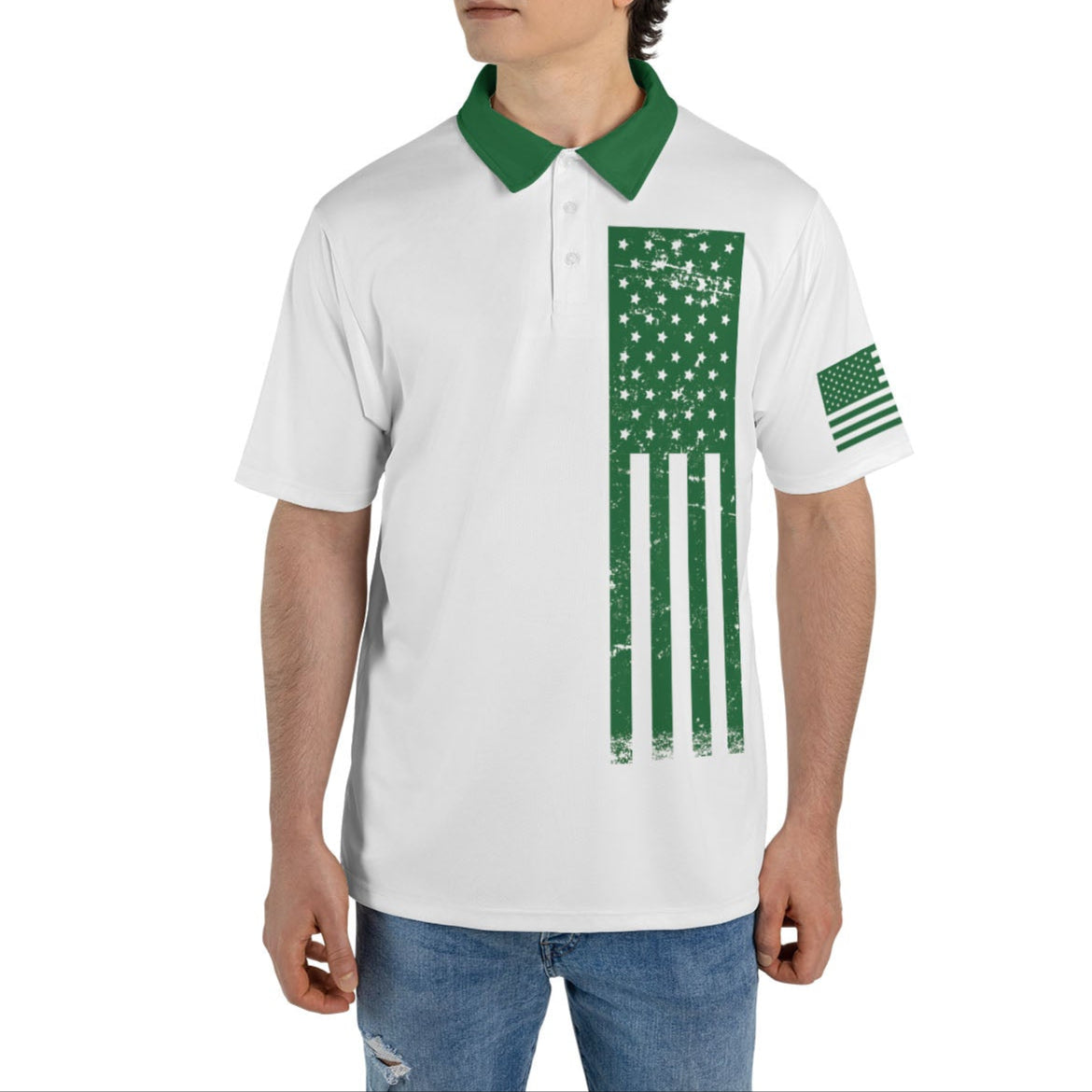 Patriotic Green American Flag Men's Polo Moisture Wicking Short Sleeve Golf Shirt