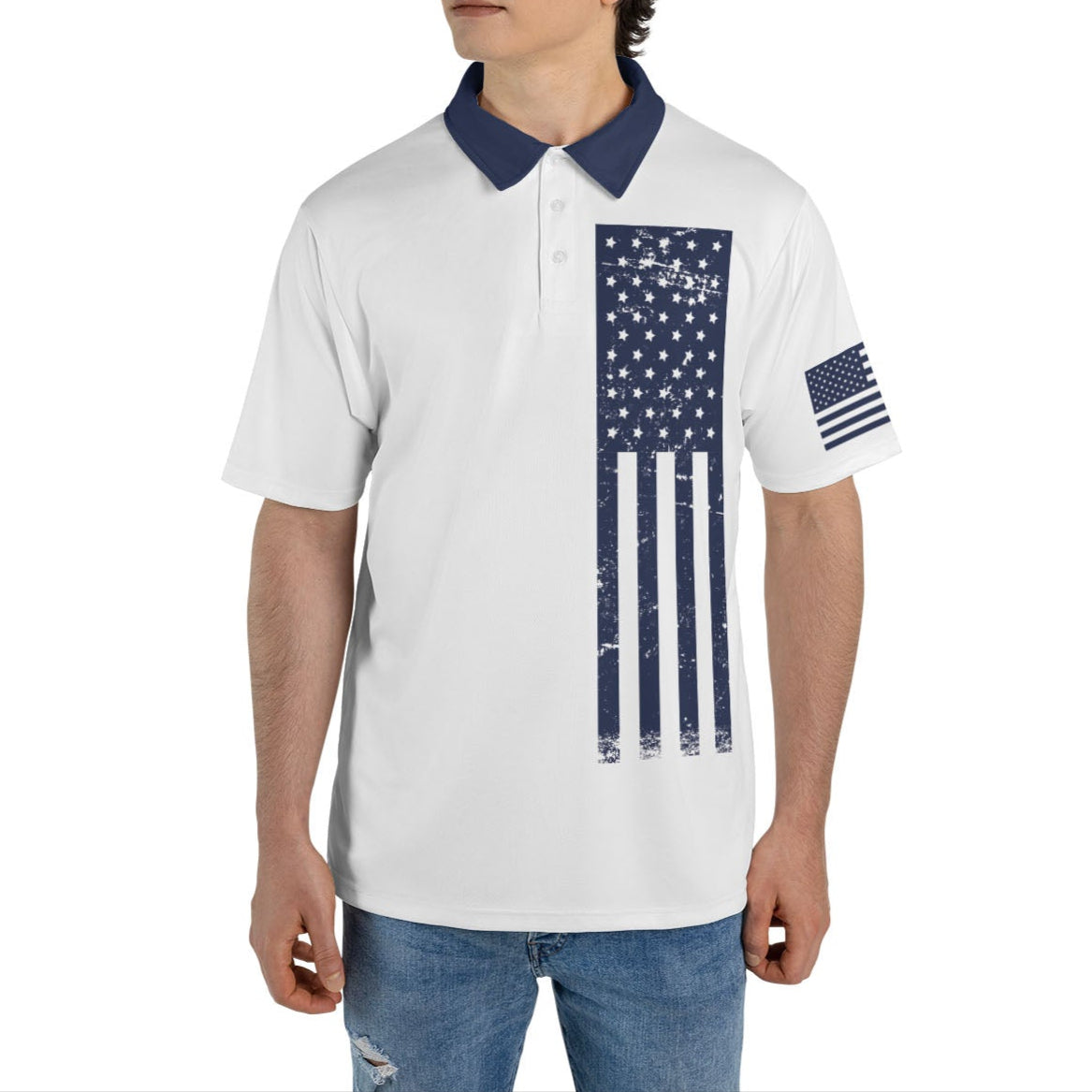 Patriotic Navy American Flag Men's Polo Moisture Wicking Short Sleeve Golf Shirt