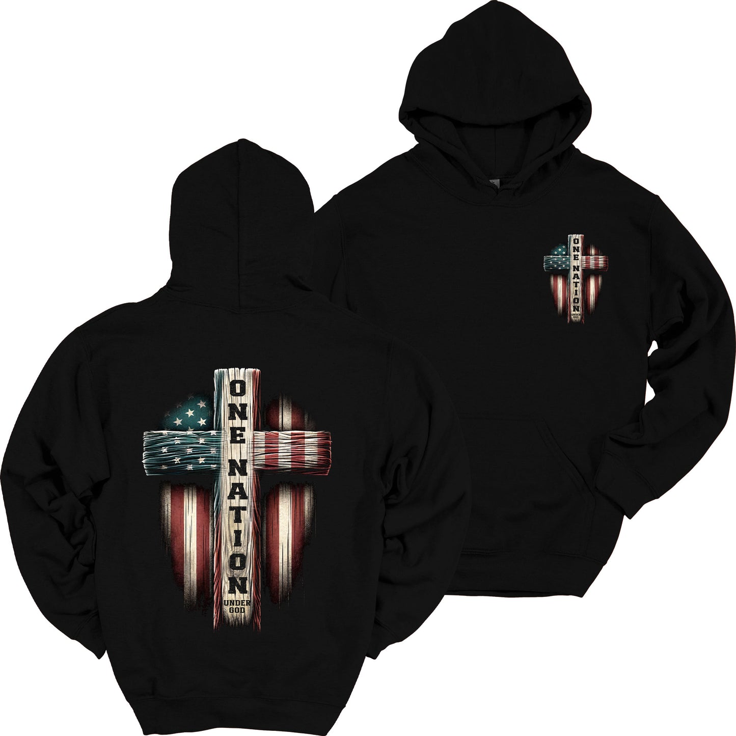 One Nation Under God American Flag Cross Hoodie Patriotic Heavy Blend Hooded Sweatshirt