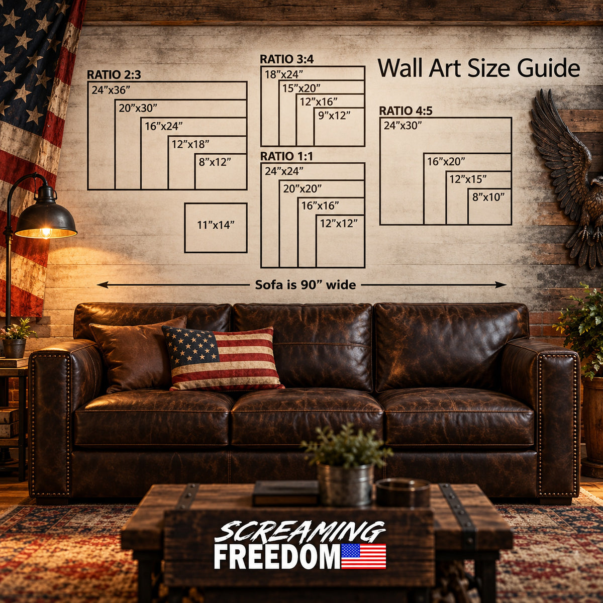 Black American Flag Canvas Wall Art size guide: canvas sizes shown above a 90 inch sofa