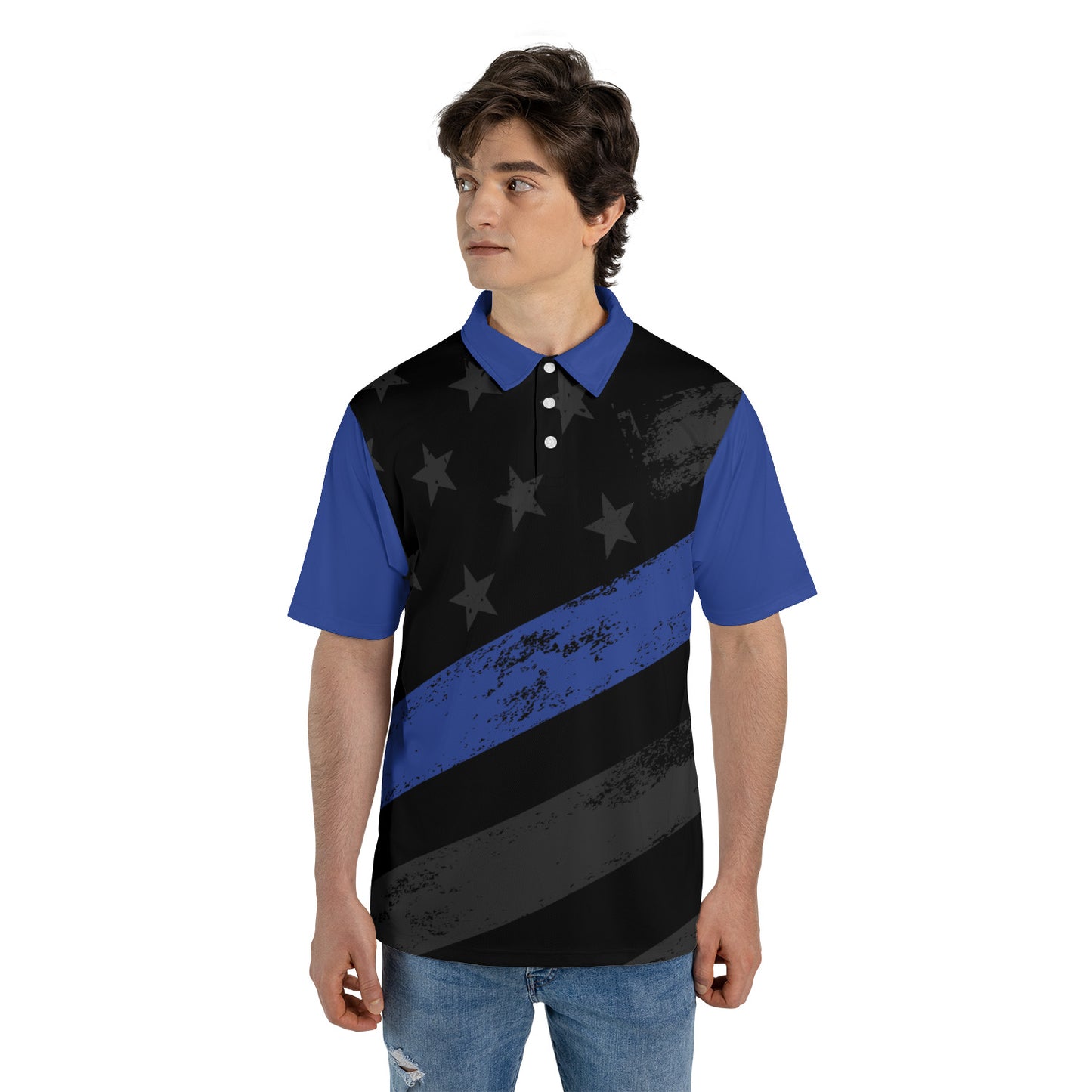 Blue Line American Flag Men's Polos Moisture Wicking Police LEO Short Sleeve Golf Shirts