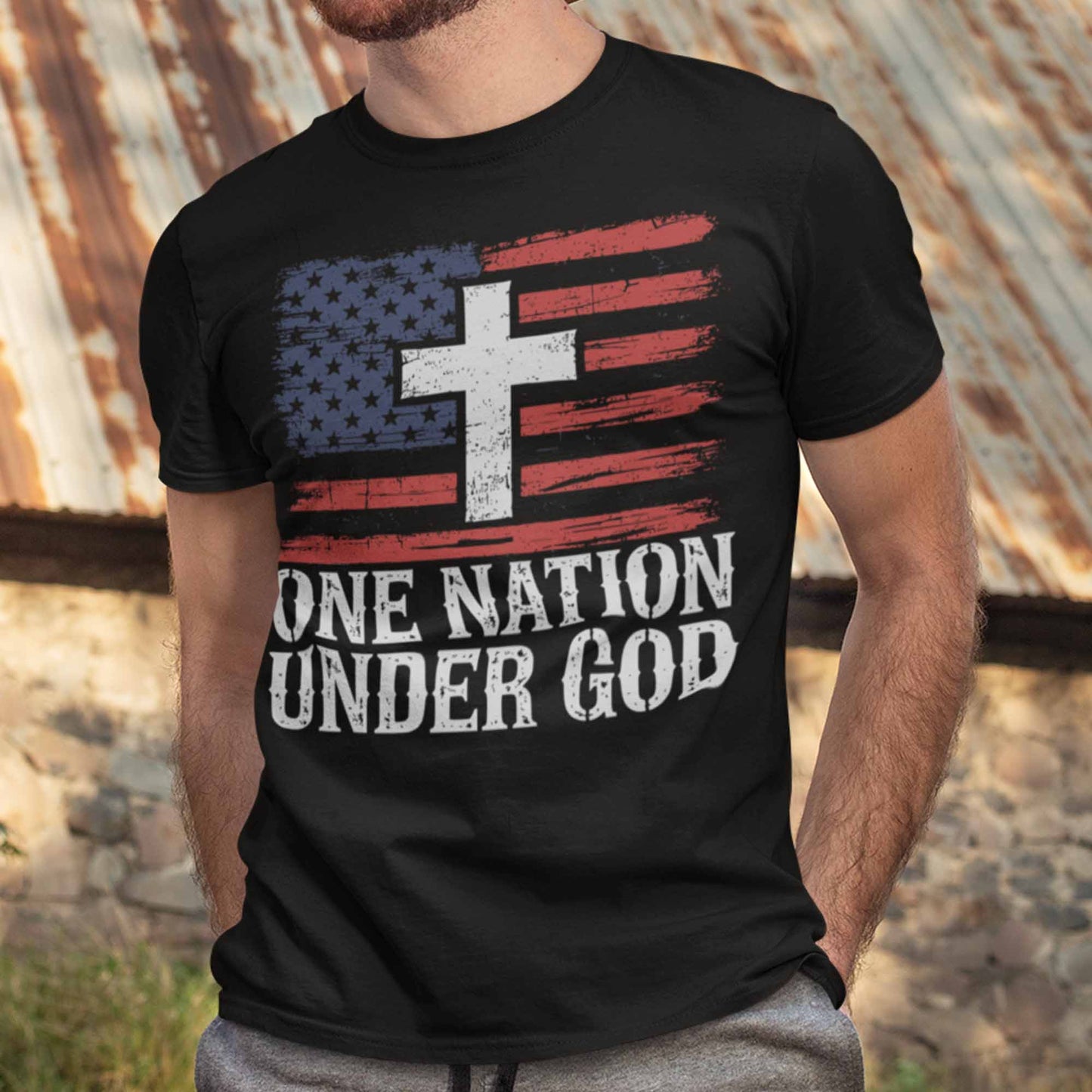 Men's One Nation Under God American Shirt USA Flag T-Shirt Patriotic Graphic Tee