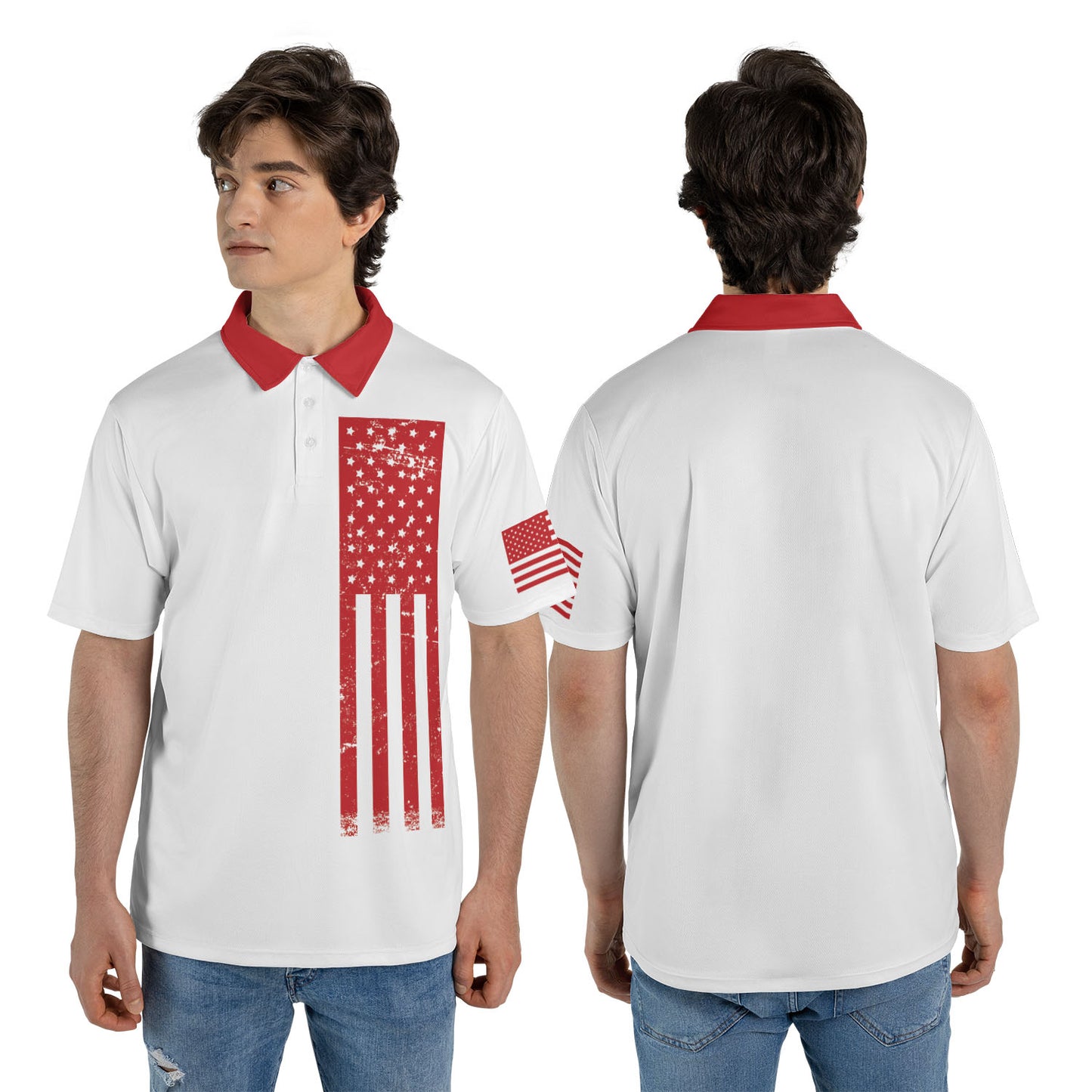 Patriotic Red American Flag Men's Polo Moisture Wicking Short Sleeve Golf Shirt