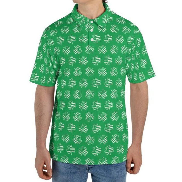 Patriotic Shamrock Flag St Patricks Day Polo Moisture Wicking Short Sleeve Green Golf Shirt for Men