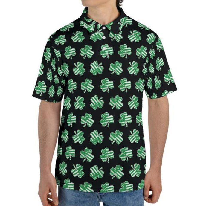 Black Patriotic Shamrock St Patricks Day Polo Moisture Wicking Short Sleeve Golf Shirt for Men