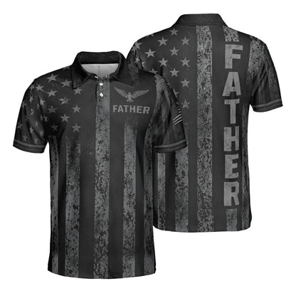 Father Blackout American Flag Polo Shirt For Men Patriotic Eagle Moisture Wicking Short Sleeve Golf Top