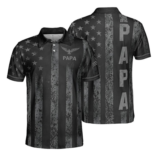 Papa Blackout American Flag Polo Shirt For Men Patriotic Eagle Moisture Wicking Short Sleeve Golf Top