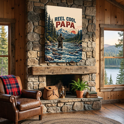 Reel Cool Papa Canvas Wall Art - Fly Fishing Dad Gift, Vintage Mountain River Fisherman Print