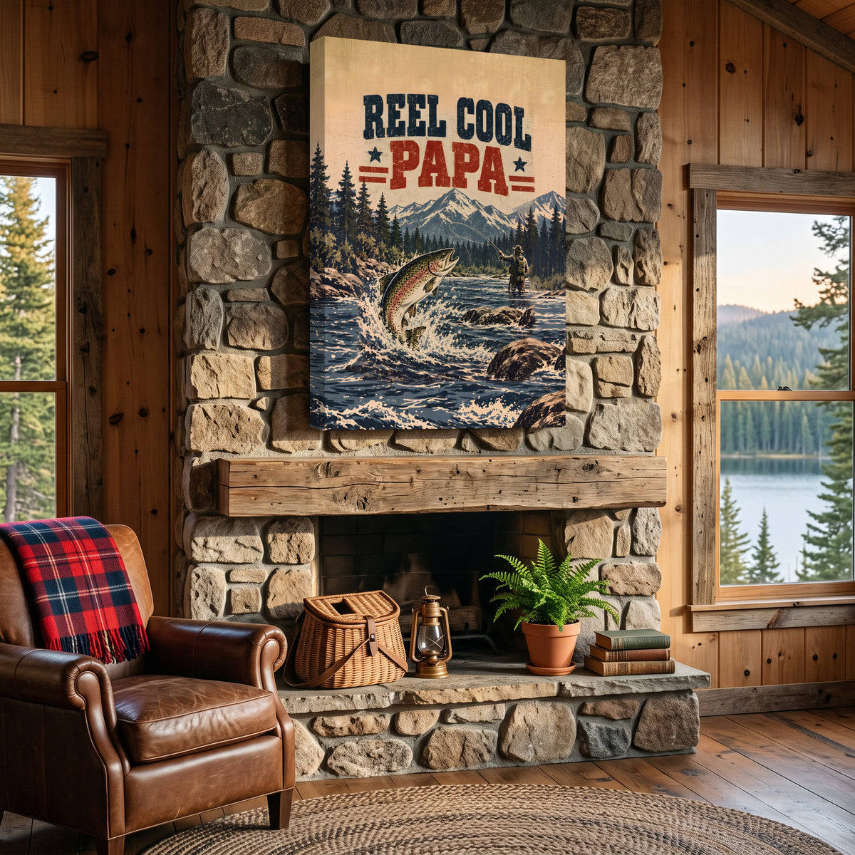 Reel Cool Papa Canvas Wall Art - Leaping Trout Fishing Dad Gift, Stars and Stripes Fisherman Print