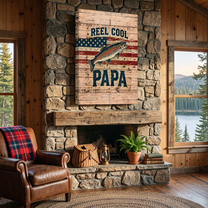 Reel Cool Papa Canvas Wall Art - Trout and American Flag Fishing Dad Gift, Patriotic Rustic Wood Print
