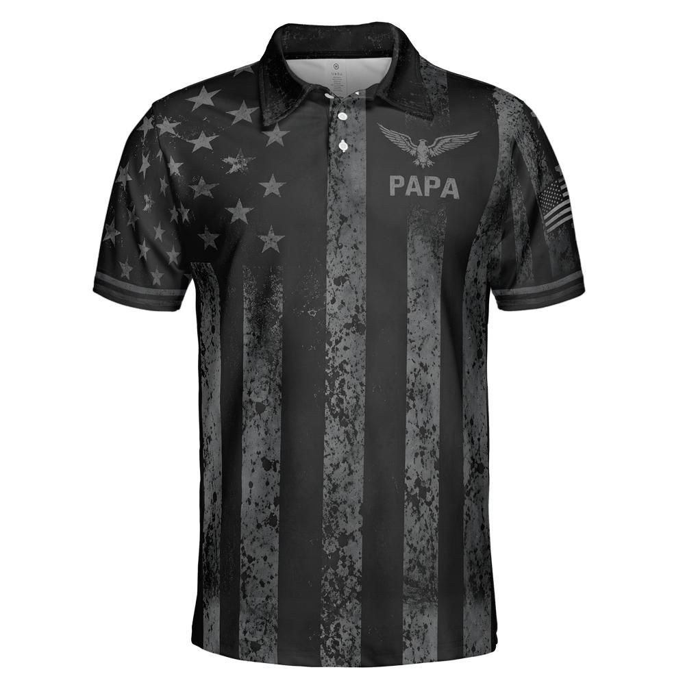 Papa Blackout American Flag Polo Shirt For Men Patriotic Eagle Moisture Wicking Short Sleeve Golf Top