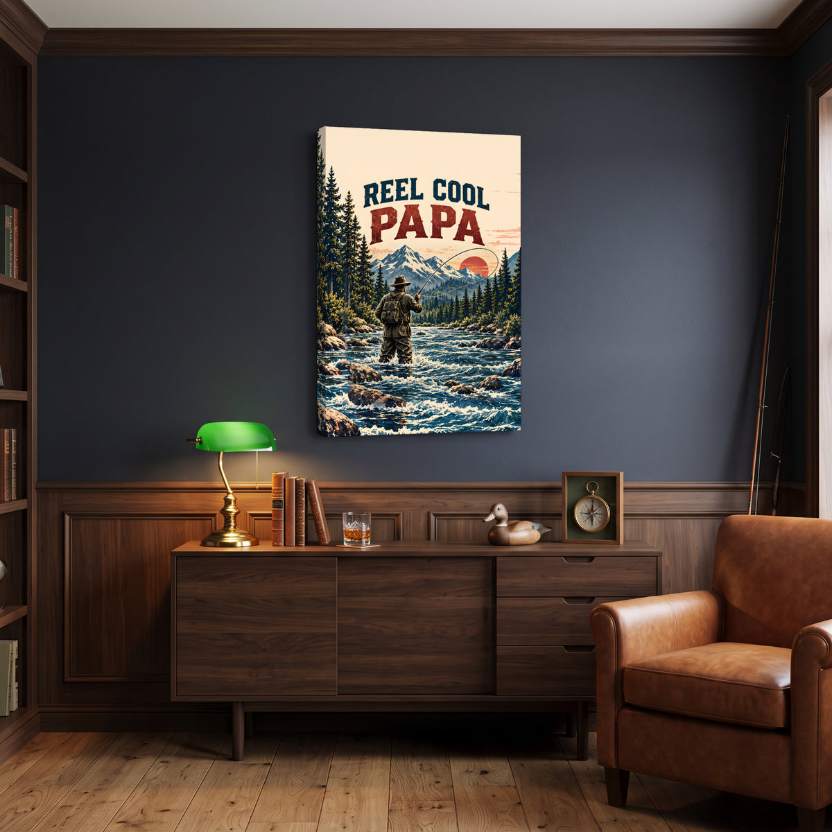 Reel Cool Papa Canvas Wall Art - Fly Fishing Dad Gift, Vintage Mountain River Fisherman Print