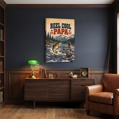 Reel Cool Papa Canvas Wall Art - Leaping Trout Fishing Dad Gift, Stars and Stripes Fisherman Print