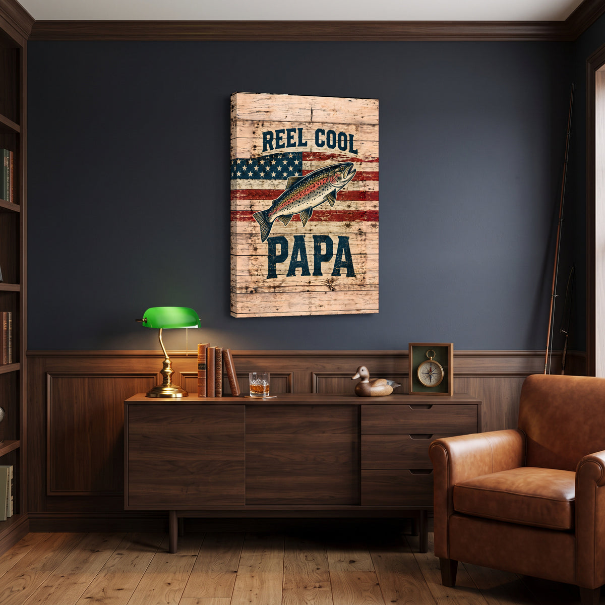 Reel Cool Papa Canvas Wall Art - Trout and American Flag Fishing Dad Gift, Patriotic Rustic Wood Print