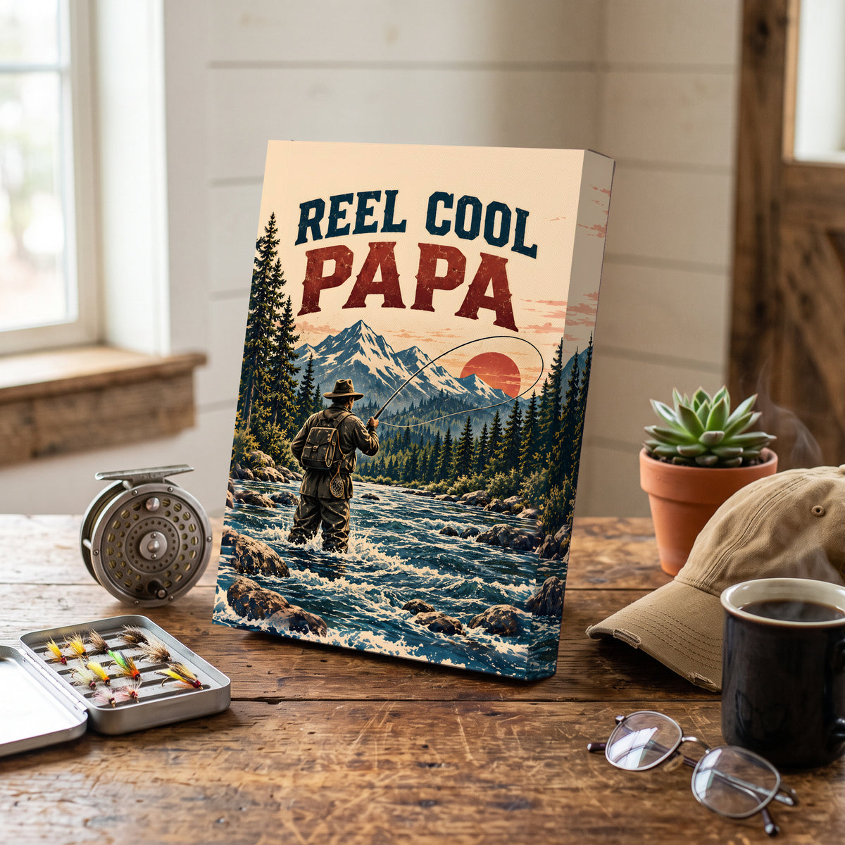 Reel Cool Papa Canvas Wall Art - Fly Fishing Dad Gift, Vintage Mountain River Fisherman Print