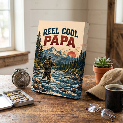 Reel Cool Papa Canvas Wall Art - Fly Fishing Dad Gift, Vintage Mountain River Fisherman Print