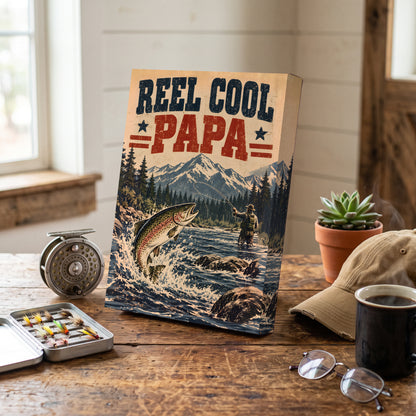 Reel Cool Papa Canvas Wall Art - Leaping Trout Fishing Dad Gift, Stars and Stripes Fisherman Print