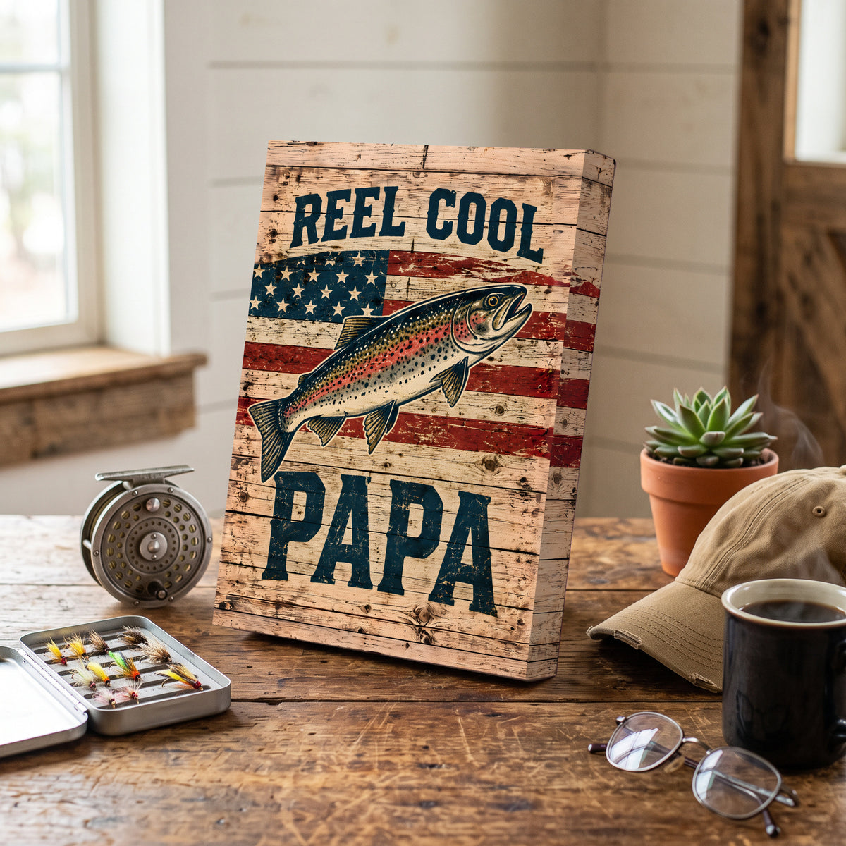 Reel Cool Papa Canvas Wall Art - Trout and American Flag Fishing Dad Gift, Patriotic Rustic Wood Print