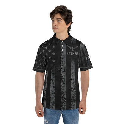 Father Blackout American Flag Polo Shirt For Men Patriotic Eagle Moisture Wicking Short Sleeve Golf Top