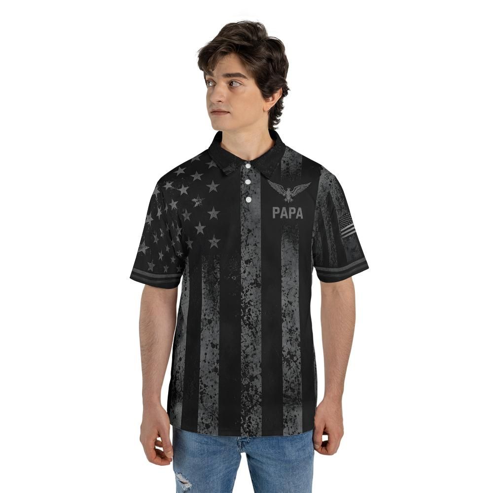 Papa Blackout American Flag Polo Shirt For Men Patriotic Eagle Moisture Wicking Short Sleeve Golf Top