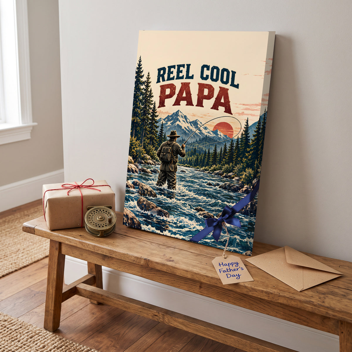 Reel Cool Papa Canvas Wall Art - Fly Fishing Dad Gift, Vintage Mountain River Fisherman Print