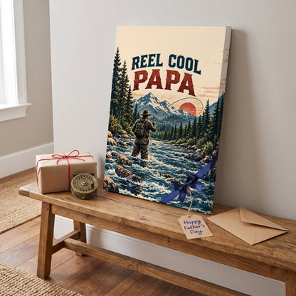 Reel Cool Papa Canvas Wall Art - Fly Fishing Dad Gift, Vintage Mountain River Fisherman Print