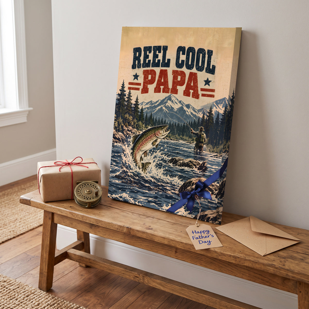 Reel Cool Papa Canvas Wall Art - Leaping Trout Fishing Dad Gift, Stars and Stripes Fisherman Print