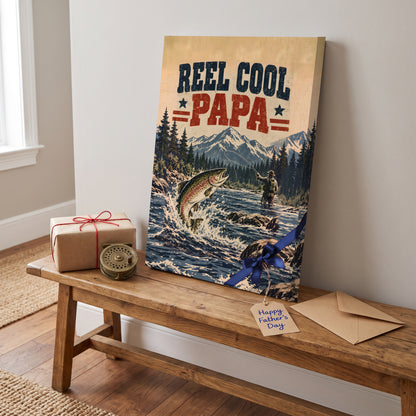Reel Cool Papa Canvas Wall Art - Leaping Trout Fishing Dad Gift, Stars and Stripes Fisherman Print