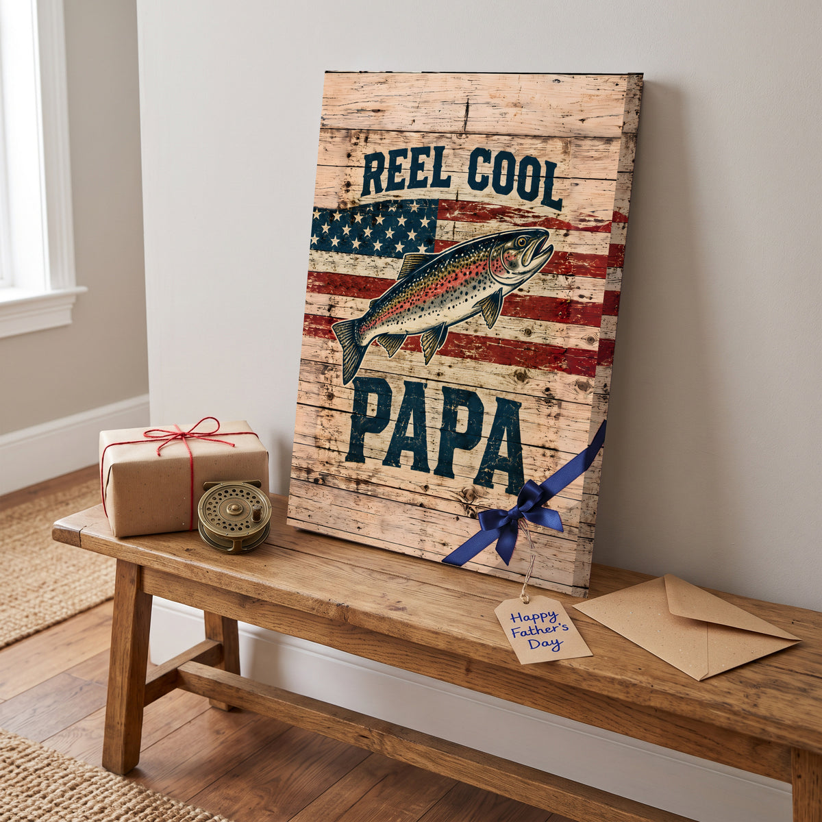 Reel Cool Papa Canvas Wall Art - Trout and American Flag Fishing Dad Gift, Patriotic Rustic Wood Print