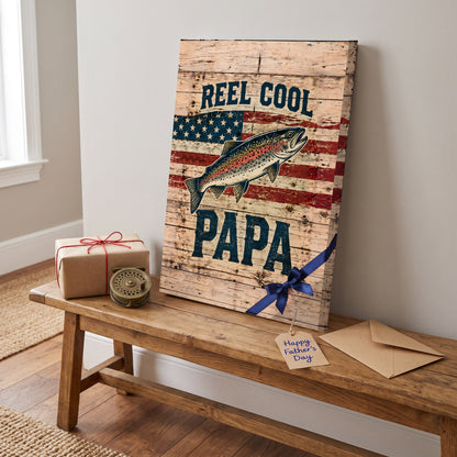 Reel Cool Papa Canvas Wall Art - Trout and American Flag Fishing Dad Gift, Patriotic Rustic Wood Print