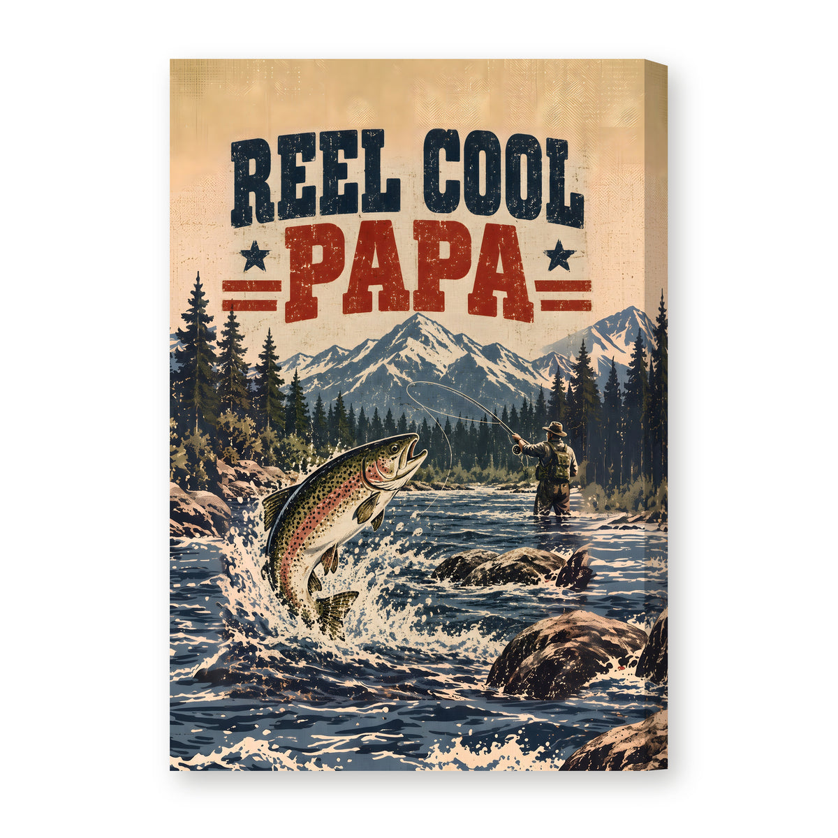 Reel Cool Papa Canvas Wall Art - Leaping Trout Fishing Dad Gift, Stars and Stripes Fisherman Print