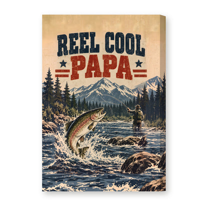 Reel Cool Papa Canvas Wall Art - Leaping Trout Fishing Dad Gift, Stars and Stripes Fisherman Print