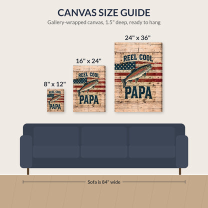 Reel Cool Papa Canvas Wall Art - Trout and American Flag Fishing Dad Gift, Patriotic Rustic Wood Print