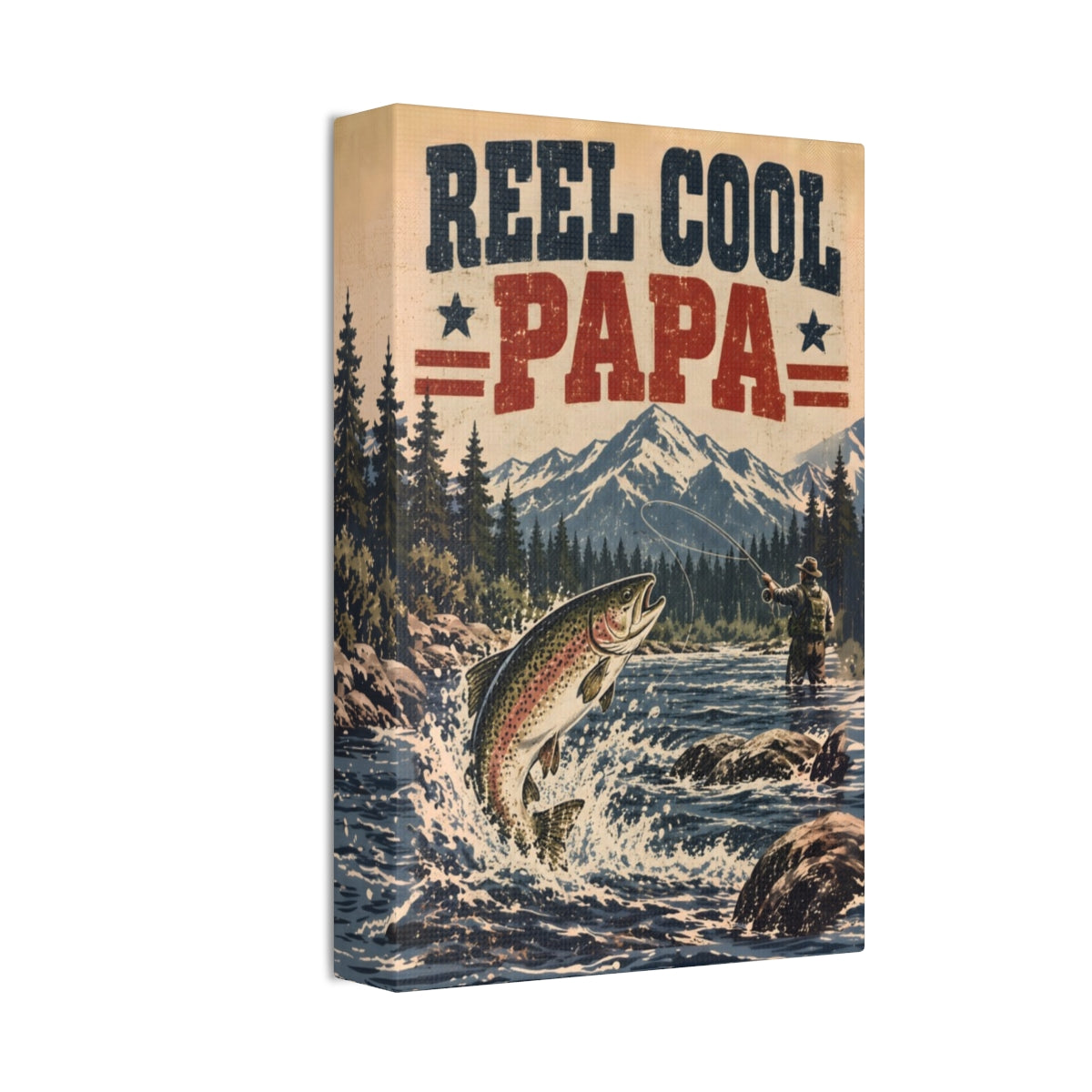 Reel Cool Papa Canvas Wall Art - Leaping Trout Fishing Dad Gift, Stars and Stripes Fisherman Print