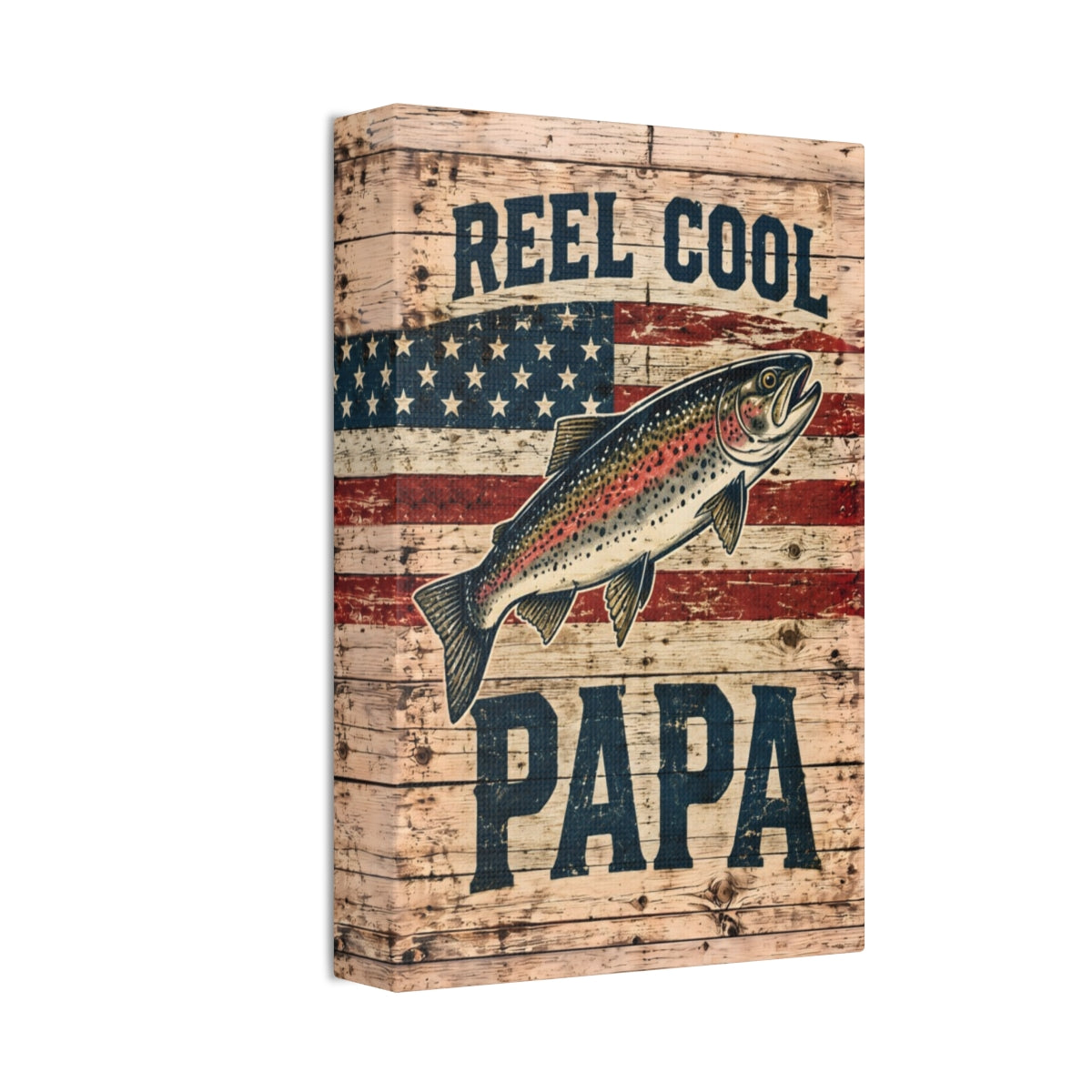 Reel Cool Papa Canvas Wall Art - Trout and American Flag Fishing Dad Gift, Patriotic Rustic Wood Print