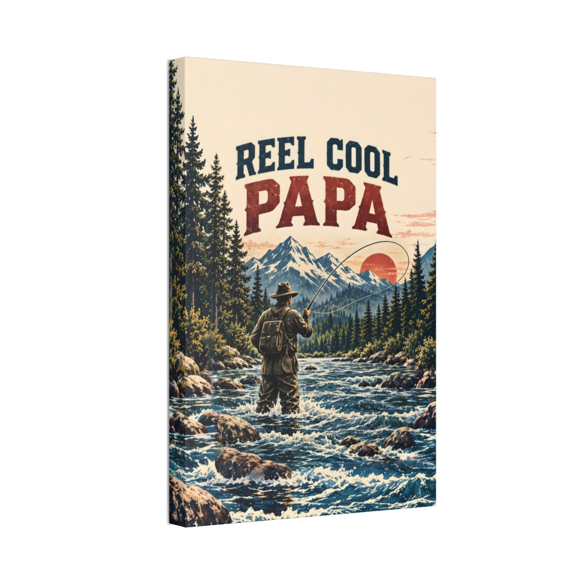 Reel Cool Papa Canvas Wall Art - Fly Fishing Dad Gift, Vintage Mountain River Fisherman Print