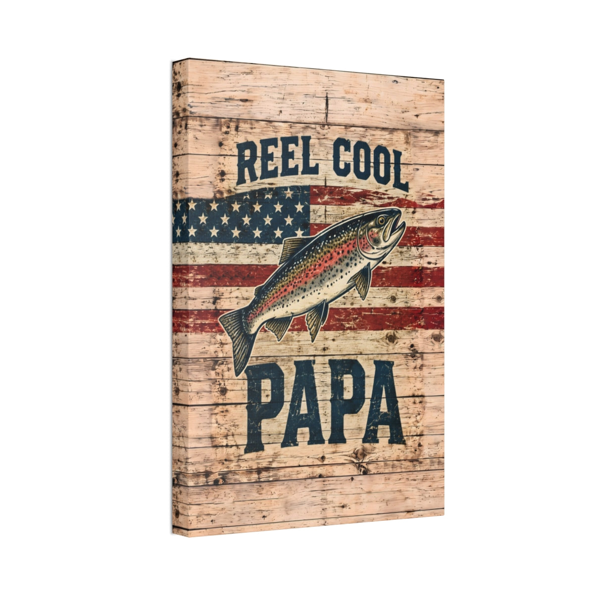 Reel Cool Papa Canvas Wall Art - Trout and American Flag Fishing Dad Gift, Patriotic Rustic Wood Print
