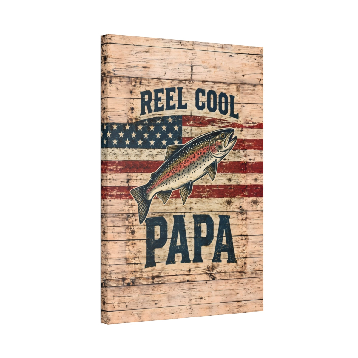 Reel Cool Papa Canvas Wall Art - Trout and American Flag Fishing Dad Gift, Patriotic Rustic Wood Print