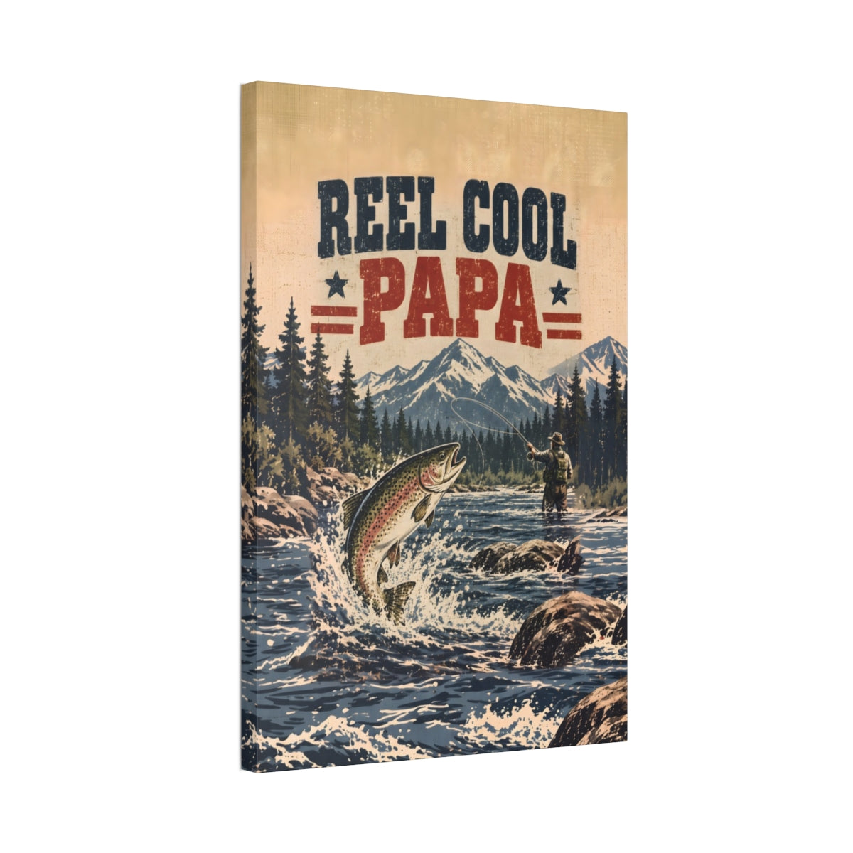 Reel Cool Papa Canvas Wall Art - Leaping Trout Fishing Dad Gift, Stars and Stripes Fisherman Print
