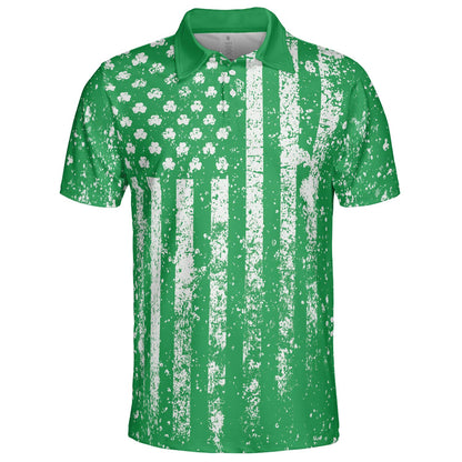 St Patricks Day Shamrock Flag Green Polo Moisture Wicking Short Sleeve Golf Shirt for Men