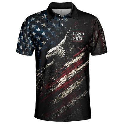 Land of the Free Eagle Polo Shirt for Men Patriotic American Flag 4th of July America 250 Moisture Wicking Short Sleeve Golf Shirt