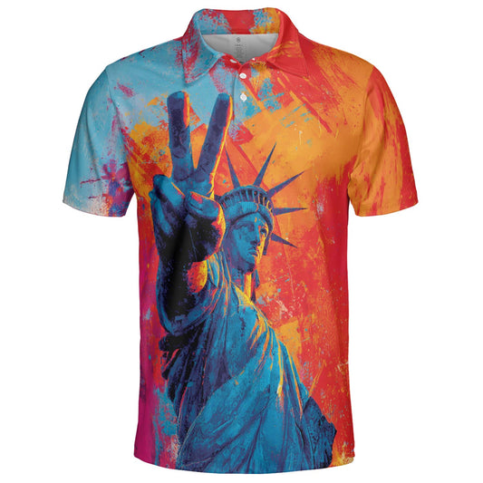 Statue of Liberty Patriotic Polo Shirt for Men Vibrant Peace Sign Moisture Wicking Short Sleeve Golf Top