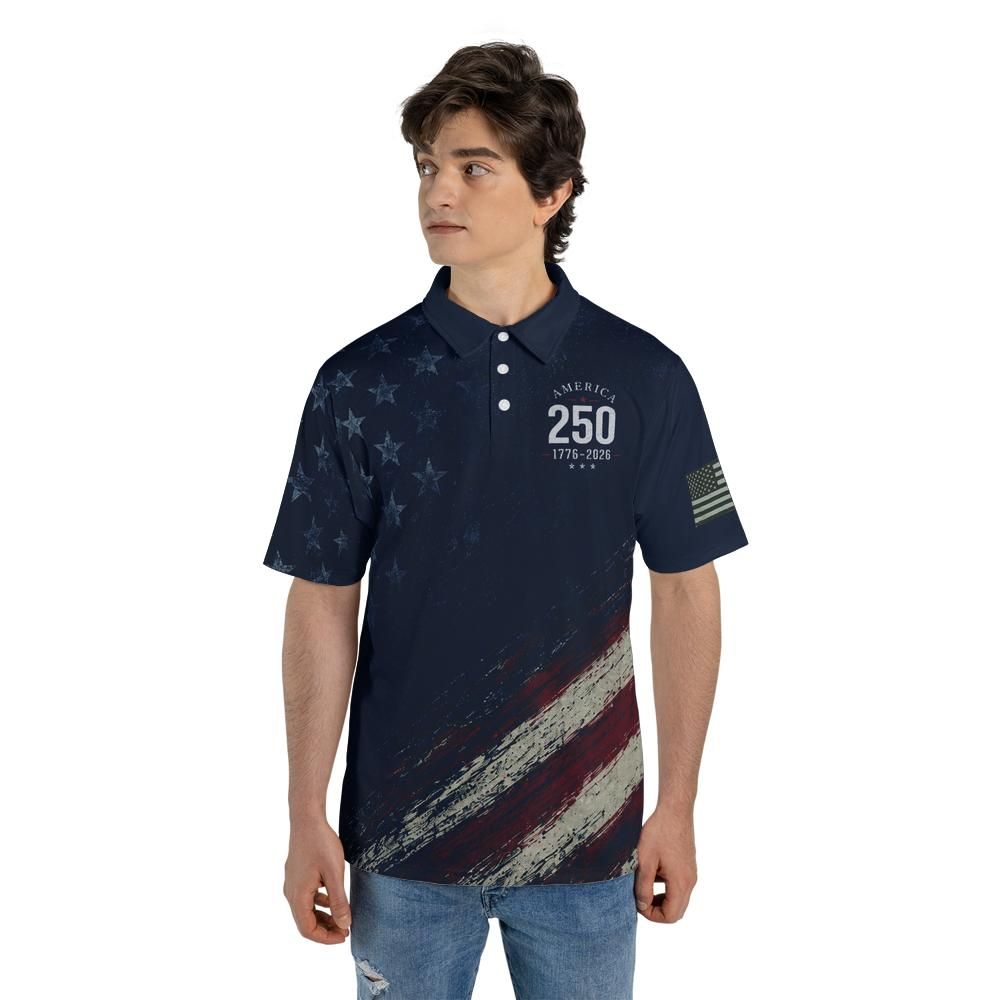 Patriotic Polo Shirt for Men American Flag 4th of July America 250 Moisture Wicking Short Sleeve Golf Shirt