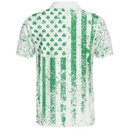 St Patricks Day Shamrock Flag White Polo Moisture Wicking Short Sleeve Golf Shirt for Men