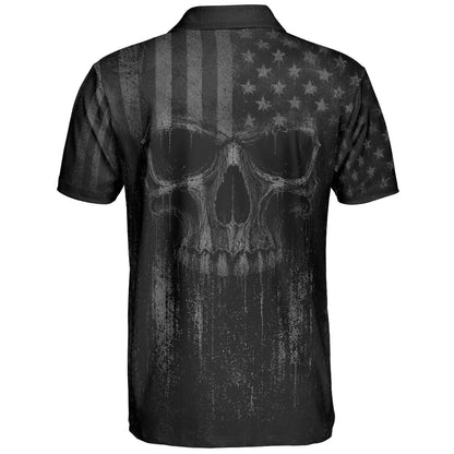 Blackout American Flag Skull Polo Shirt For Men Patriotic Moisture Wicking Short Sleeve Golf Top