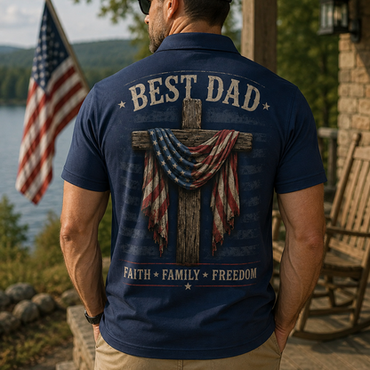 Best Dad Faith Family Freedom Cross Gift Moisture Wicking Golf Short Sleeve Polo Shirt